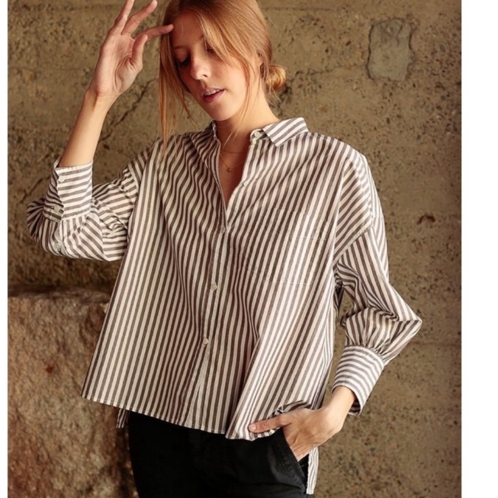 Nili Lotan Lonnie button down size XS Taupe and White striped